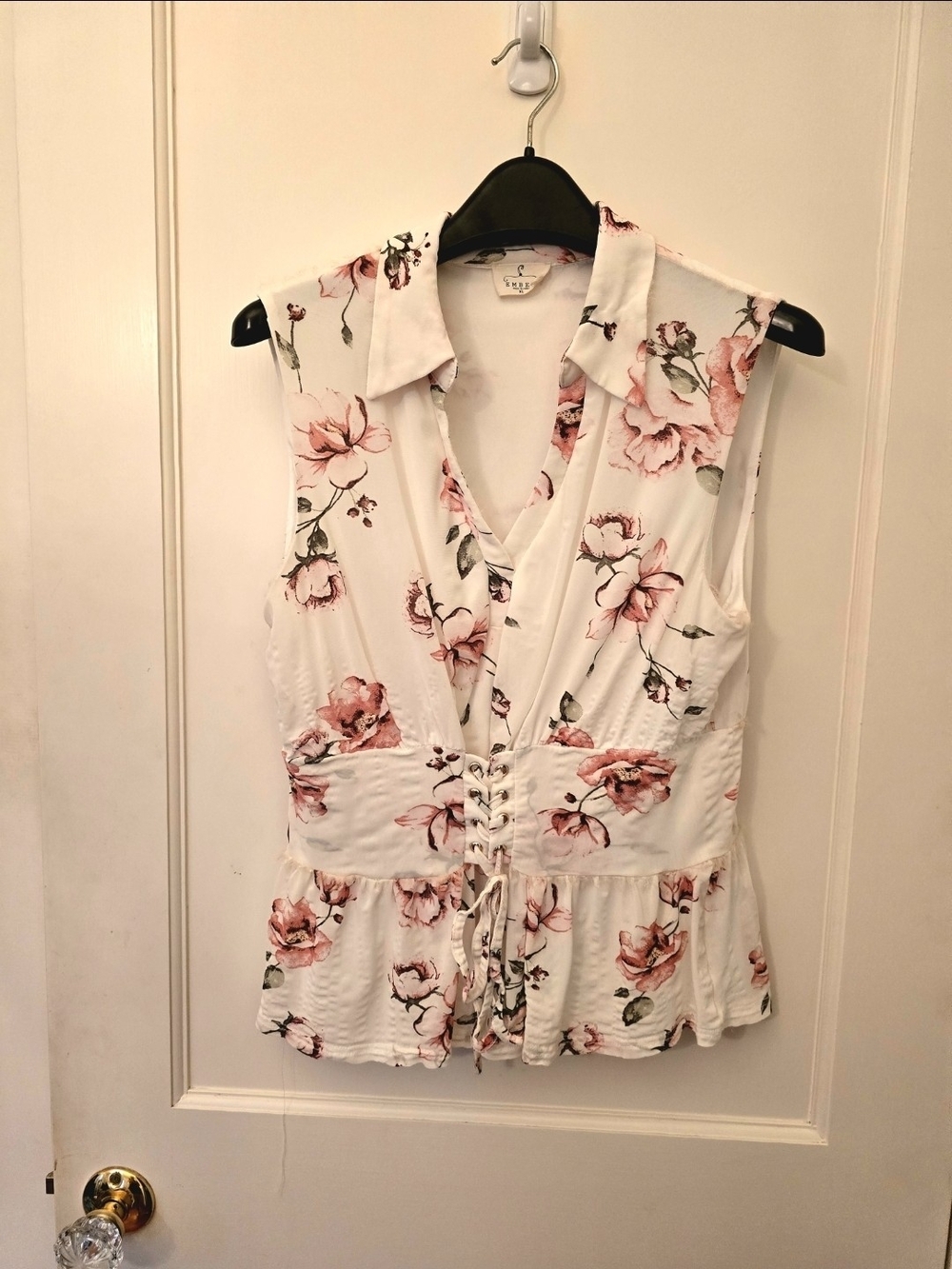 Floral Lace-Up Collared Camisole - White with Pink Floral XL